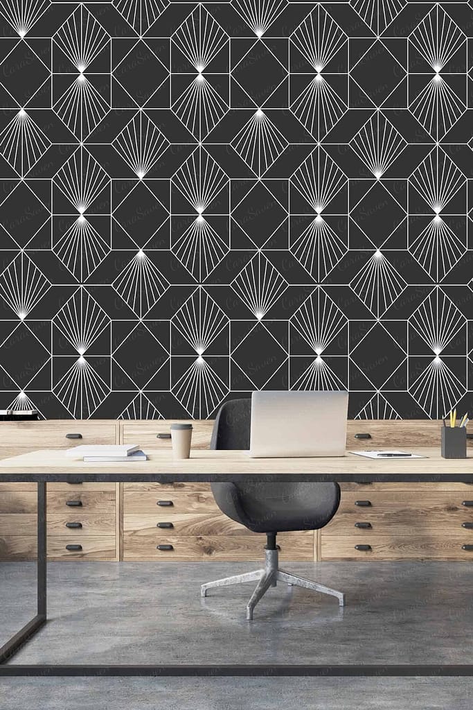 The wallpaper features a geometric white line pattern on a black background. This stylish design adds a modern touch to the workspace, reminiscent of game design elements. Key colors: white and black. Key elements: geometric line pattern, stylish touch, game design influence.