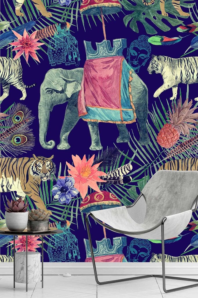 Vibrant, richly patterned wallpaper inspired by Delhi travels featuring:

- Elephant adorned with colorful fabric
- Tigers
- Tropical plants
- Peacocks
- Flowers
- Pineapple
- Intricate masks

Colors: Various bright hues including reds, blues, greens, yellows, and purples.