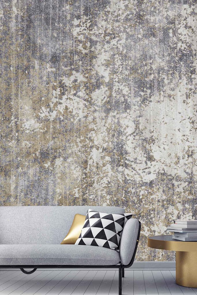 Abstract textured pattern wallpaper with gray, white, and gold tones.
