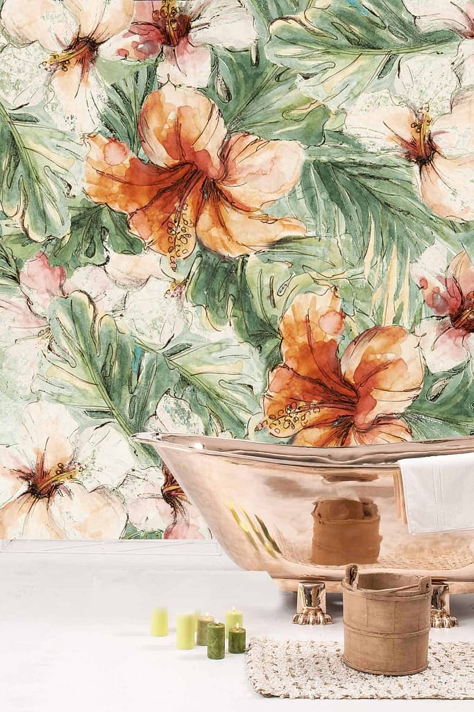 The wallpaper features large, colorful hibiscus flowers in vibrant hues such as red, pink, and orange, interspersed with lush green leaves. This bold and lively design creates a tropical ambiance ideal for a refreshing bathroom setting.