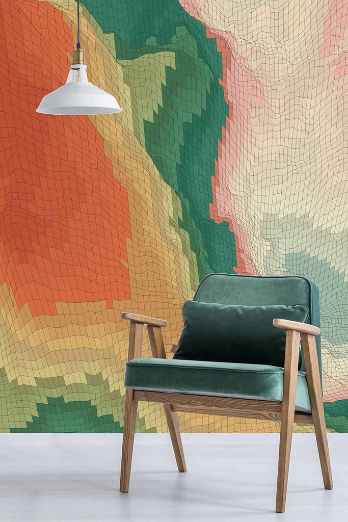 A colorful, abstract mural featuring warm tones of orange, green, and beige in a wavy, grid-like pattern that echoes Earth's vibrations.