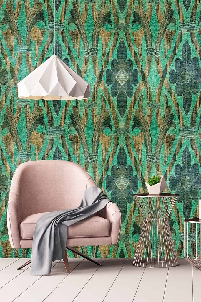 The wallpaper features an intricate pattern with emerald and blue hues, showcasing geometric shapes and ornate designs.