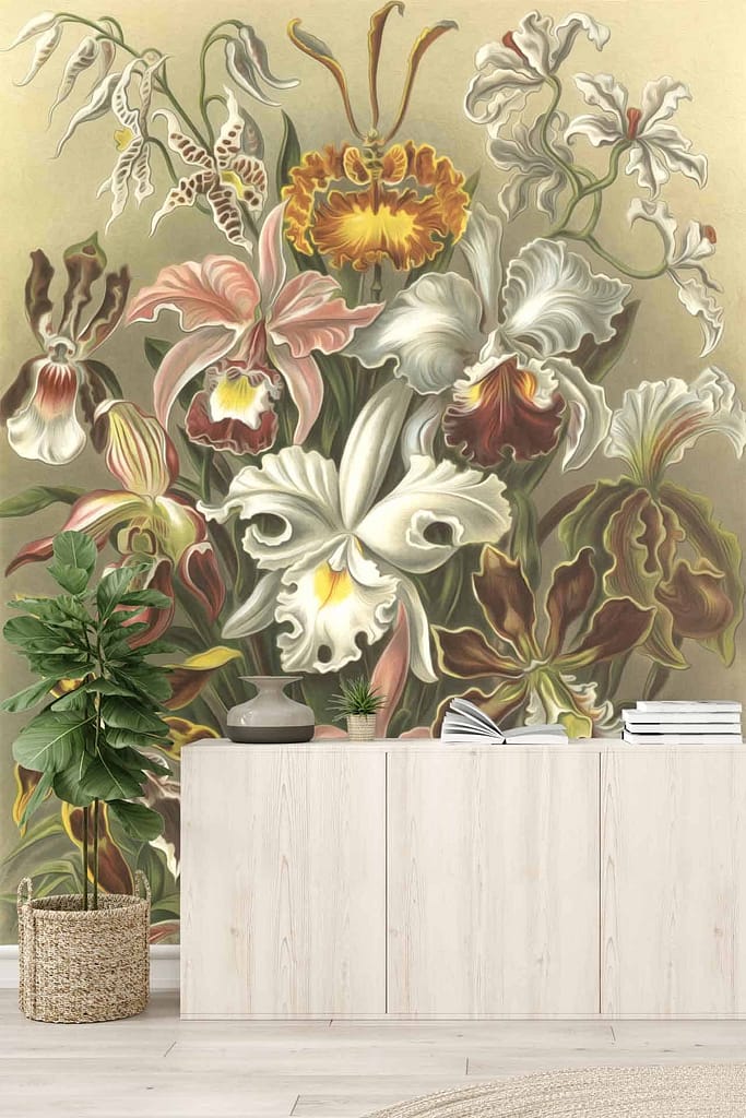A large floral mural showcasing various orchids in shades of white, pink, yellow, and brown.