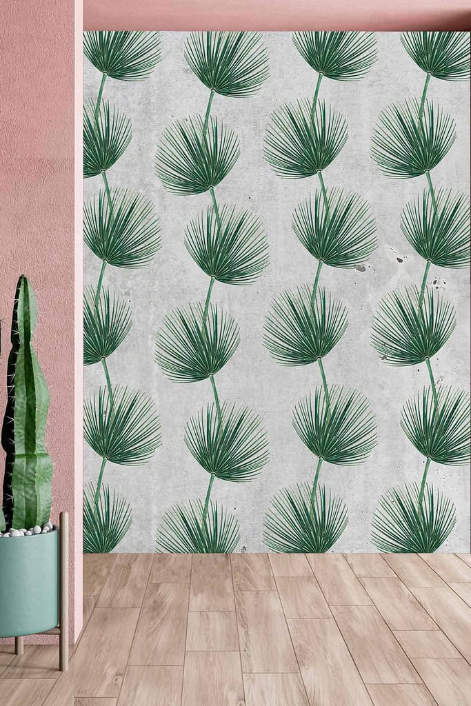 A modern interior featuring a wall with a green palm leaf pattern on a light background. Elements: palm leaves, vibrant green, light background. Colors: various shades of green, subtle white or cream. Keywords: palm leaf wallpaper, green leaves wallpaper, tropical pattern wallpaper.
