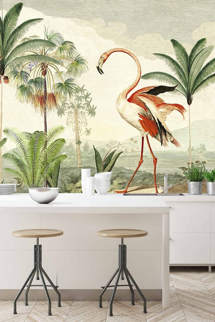 A large, colorful mural of a flamingo standing among palm trees. Tropical elements include pink flamingo, green palm trees, and vibrant shades to create a lively atmosphere. The mural invites you to "Find Your Flock.