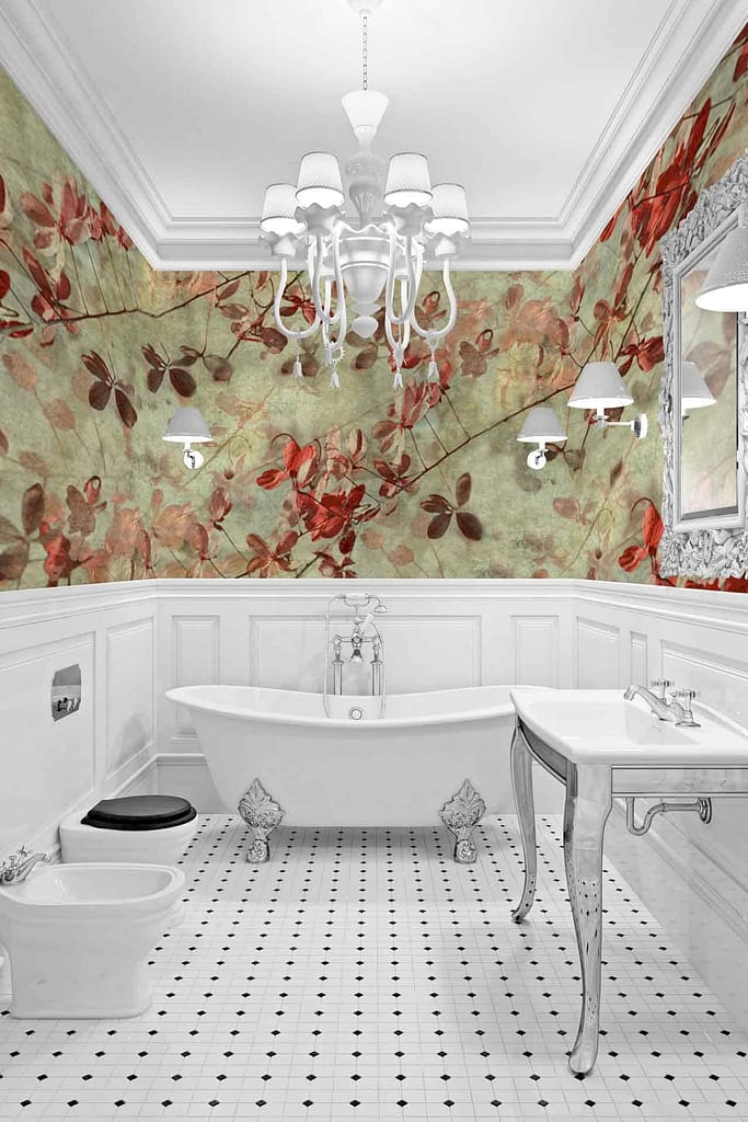 The wallpaper in this luxurious bathroom features a floral design with earthy tones that evoke the first sign of spring. It includes soft greens, warm browns, gentle creams, and subtle hints of pastel colors like light pinks and blues. The floral patterns are intricate and delicate, adding a touch of nature-inspired elegance to the space.