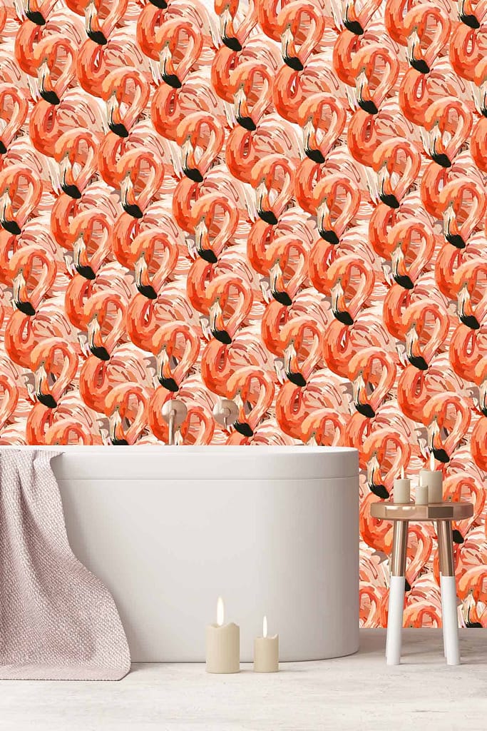 The wallpaper features vibrant, abstract designs of red and orange pomegranates. The bold hues subtly echo the colors of flamingos, creating a lively and dynamic backdrop.
