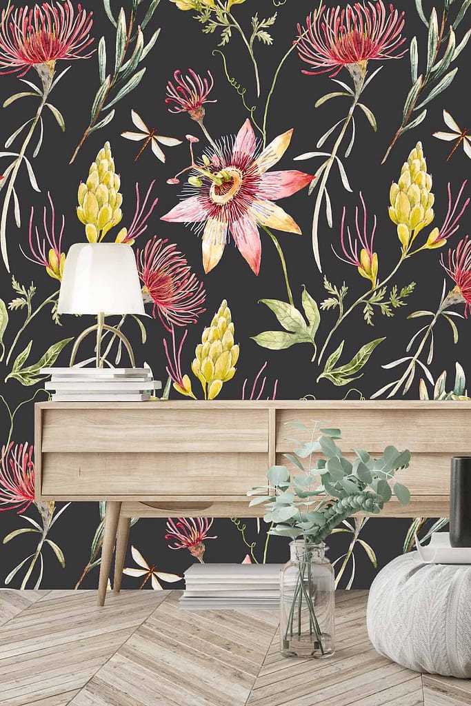 The wallpaper features colorful flowers, lush foliage, and a dragonfly. The vibrant design includes hues of red, pink, yellow, green, and white.