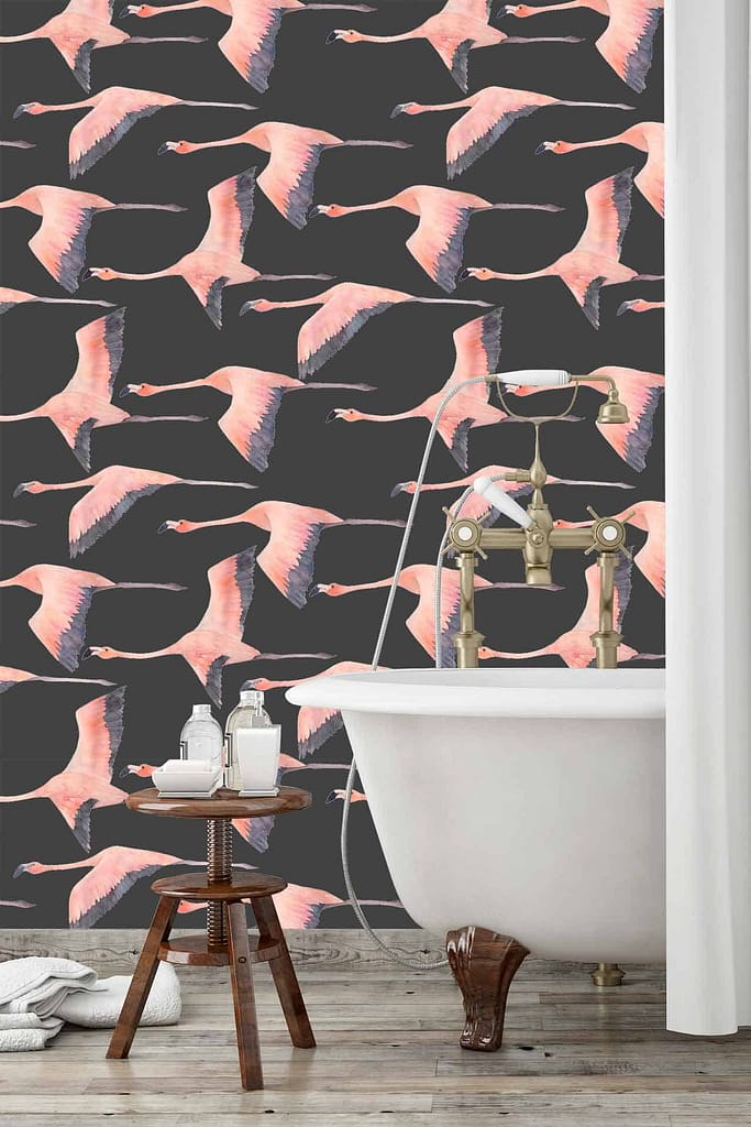 Wallpaper is dark, adorned with flying pink flamingos.