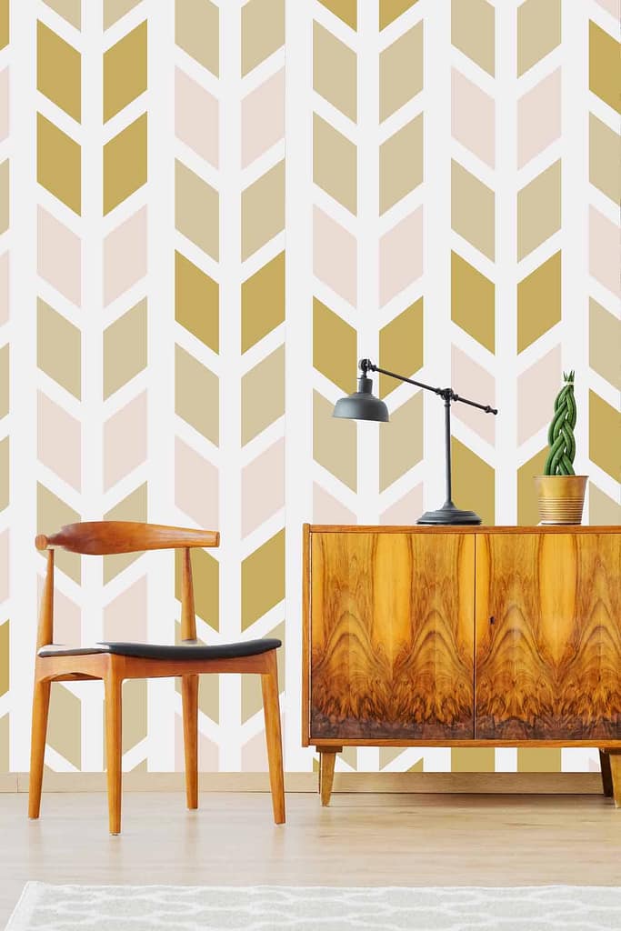 The wallpaper showcases a geometric pattern in shades of beige and gold, guiding your eyes across the room with a subtle "Follow Me" invitation.