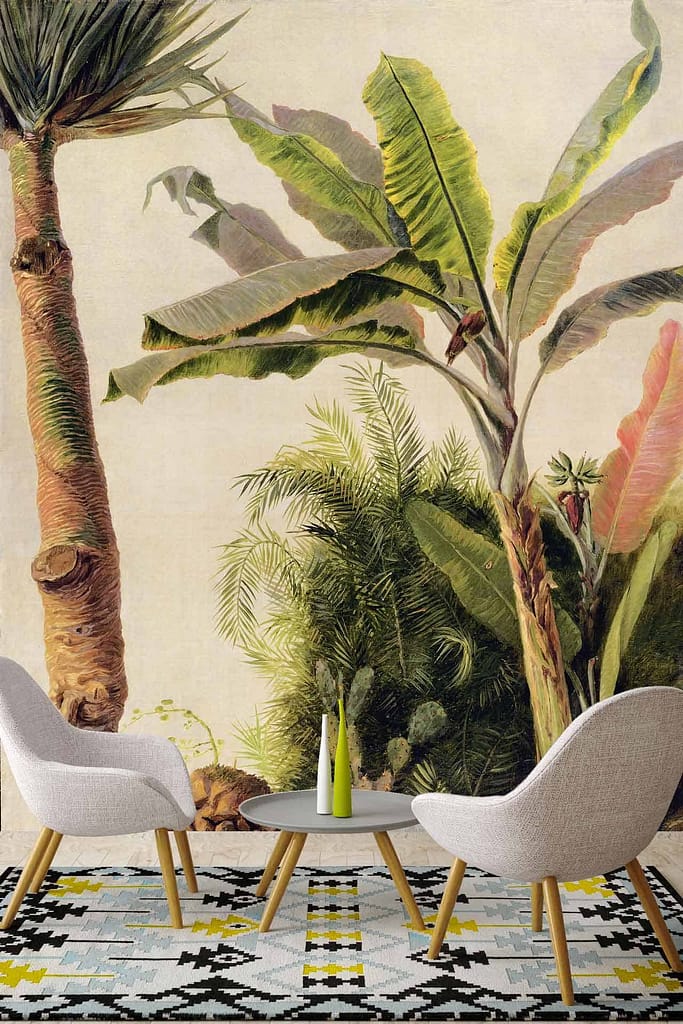 Large green banana leaves, palm fronds, vibrant tropical wallpaper, nature-inspired backdrop.