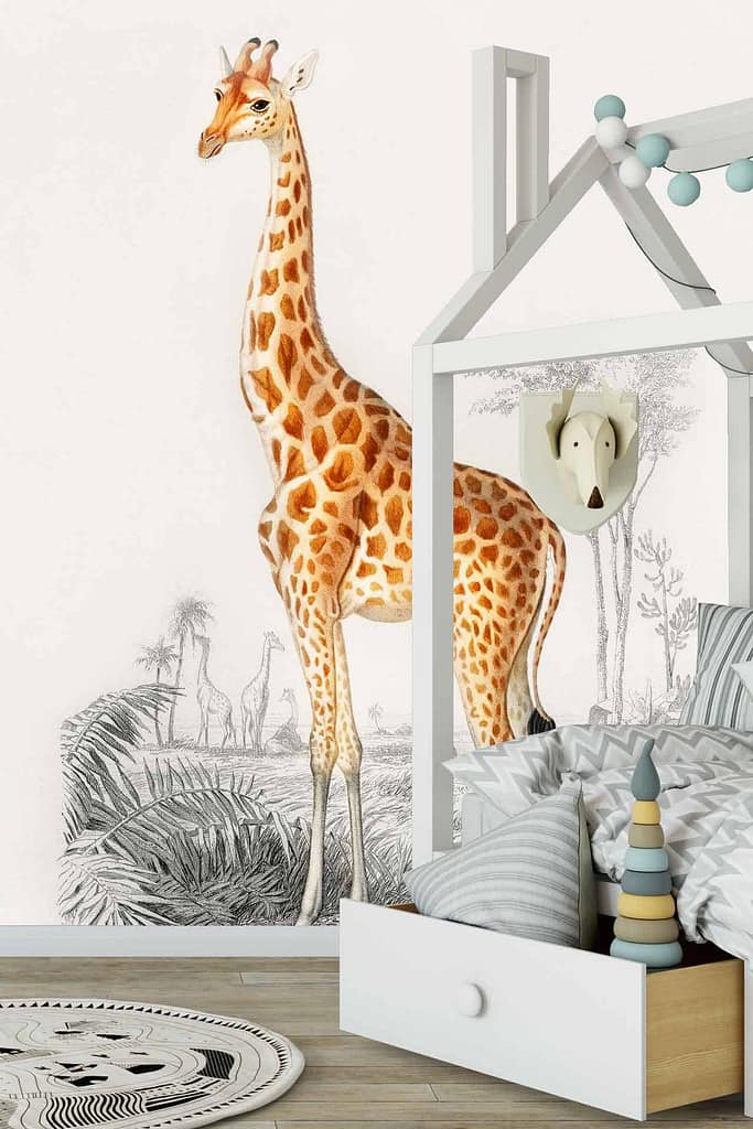 Children's bedroom wallpaper features a large mural of Gerry the giraffe. Gerry is orange with distinctive spots, standing against a backdrop of sketched trees. Color palette includes orange, green, and brown sketches.