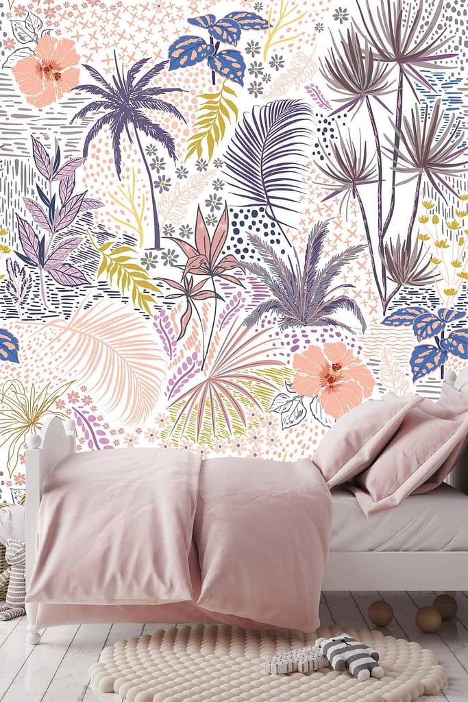 The wallpaper features vibrant, tropical-themed patterns with an array of elements including various flowers, palm leaves, and abstract motifs. You'll find shades of pink, blue, yellow, and white interwoven in the design. There are intricate florals and broad palm leaves set against a dynamic background that feels lively and welcoming. Perfect for adding a warm touch to any room!
