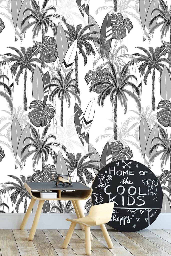 Children's room features tropical-themed black-and-white wallpaper with palm trees and large leaves. Serene Glen Beach vibe. Elements: palm trees, large leaves. Colors: black, white.