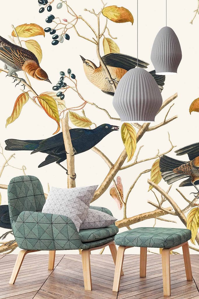 Decorative wallpaper with illustrations of birds, branches, leaves, and berries. The colors include rich greens, deep reds, soft browns, and subtle white accents. Birds are perched on intricate branches amid lush foliage.