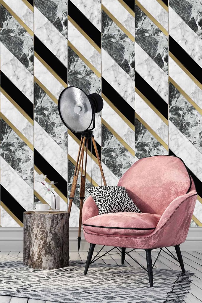 Modern geometric wallpaper with diagonal stripes in black, white, gold, and marble patterns resembling San Francisco's chic vibe.