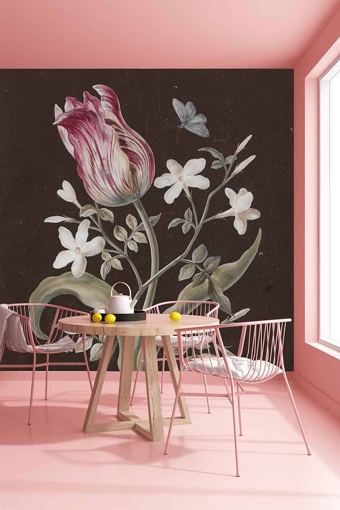 Floral mural with pink and white tulip, white flowers on a dark background.