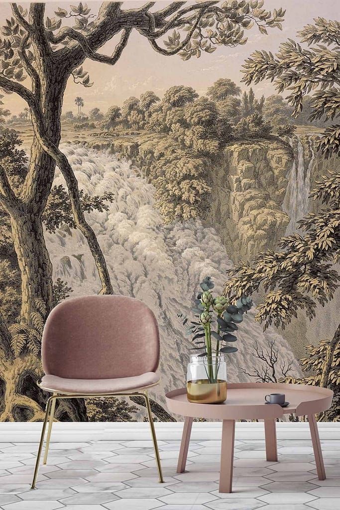 The wallpaper features a detailed mural of a cascading waterfall surrounded by a lush forest setting. Elements include flowing water, vibrant green foliage, and possibly hints of colorful flowers or fauna. The overall tones are rich greens and blues with natural earthy hues to enhance the serene getaway ambiance.