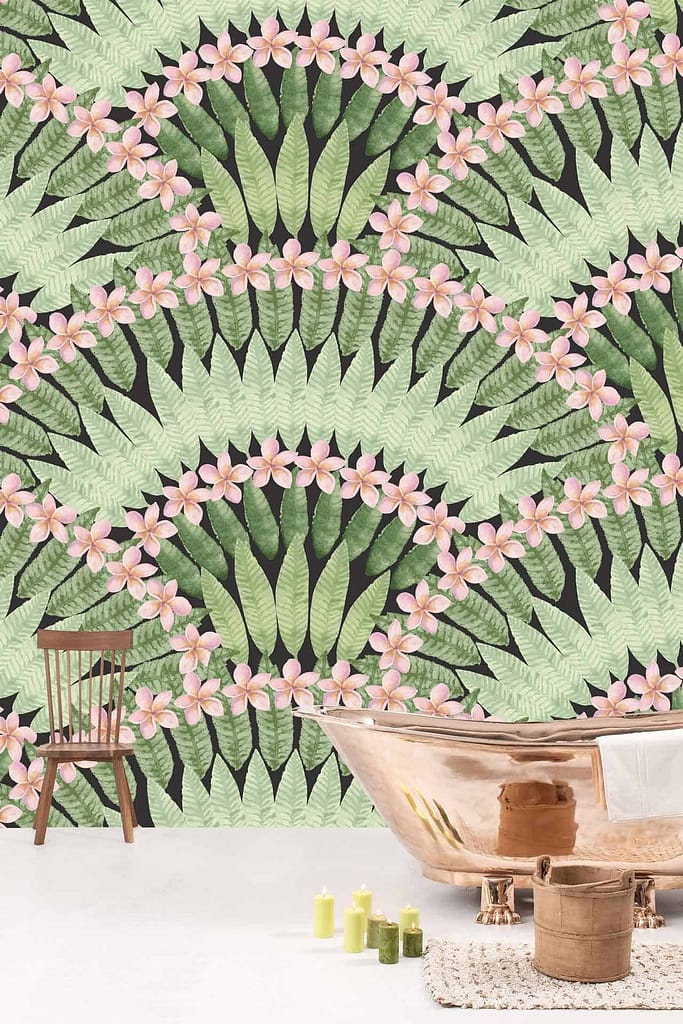 The wallpaper features a bold floral and fern pattern with pink flowers and green leaves, creating a lush, tropical atmosphere.