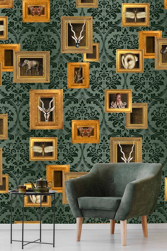 Green, patterned wallpaper with golden-framed display cases. Various eclectic items like animal figures, horns, and jewelry adorn the backdrop.