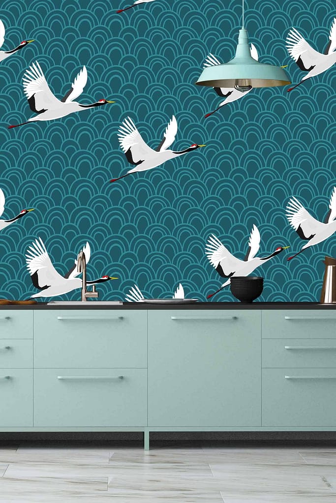 Teal wallpaper, white cranes, cranes heading north.
