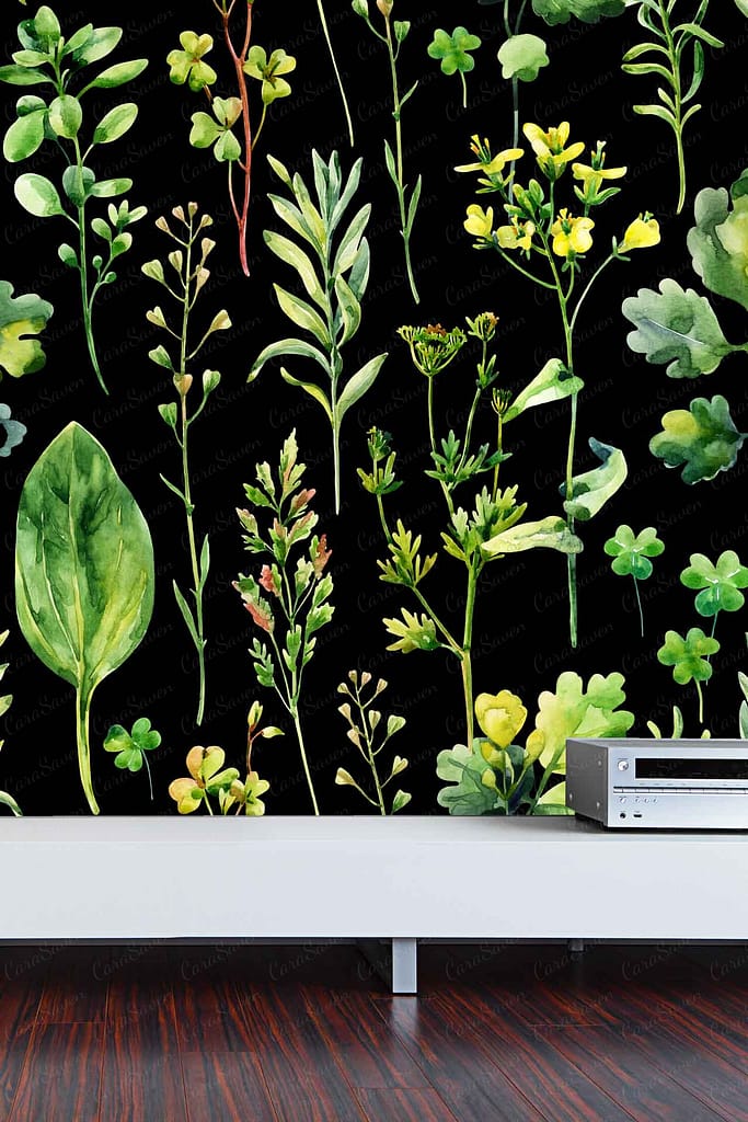 Wallpaper adorned with a botanical design featuring green leaves and stems on a black background.