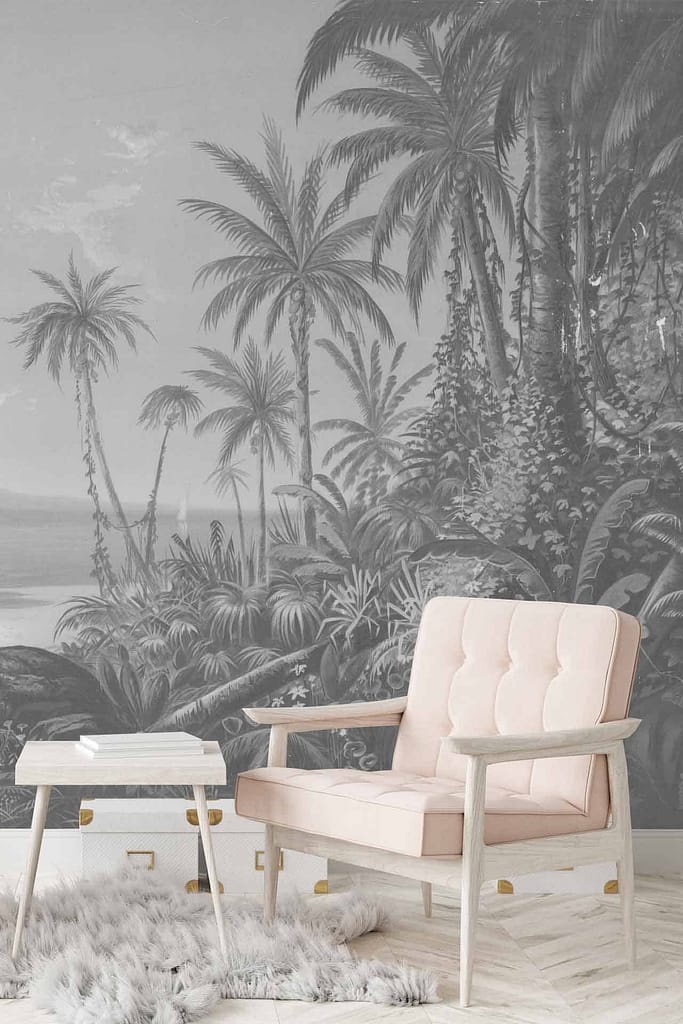 A grayscale tropical jungle mural featuring palm trees and dense vegetation, evoking mystery and serenity. Elements include foliage, exotic plants, and tropical landscapes in shades of gray, black, and white.