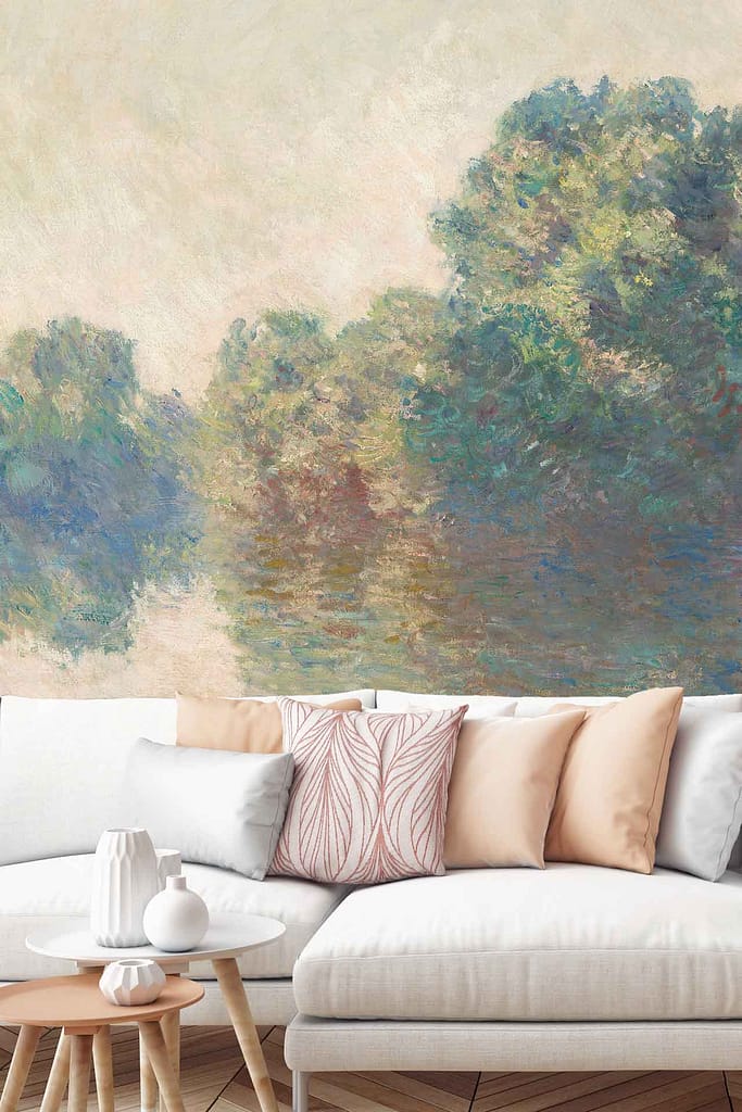 A serene Impressionist wallpaper showcases a lush, green landscape featuring trees and a reflective body of water. The design evokes peaceful days with its nature-inspired ambiance. Key elements include greenery, water reflections, and soft brush strokes in calming hues.