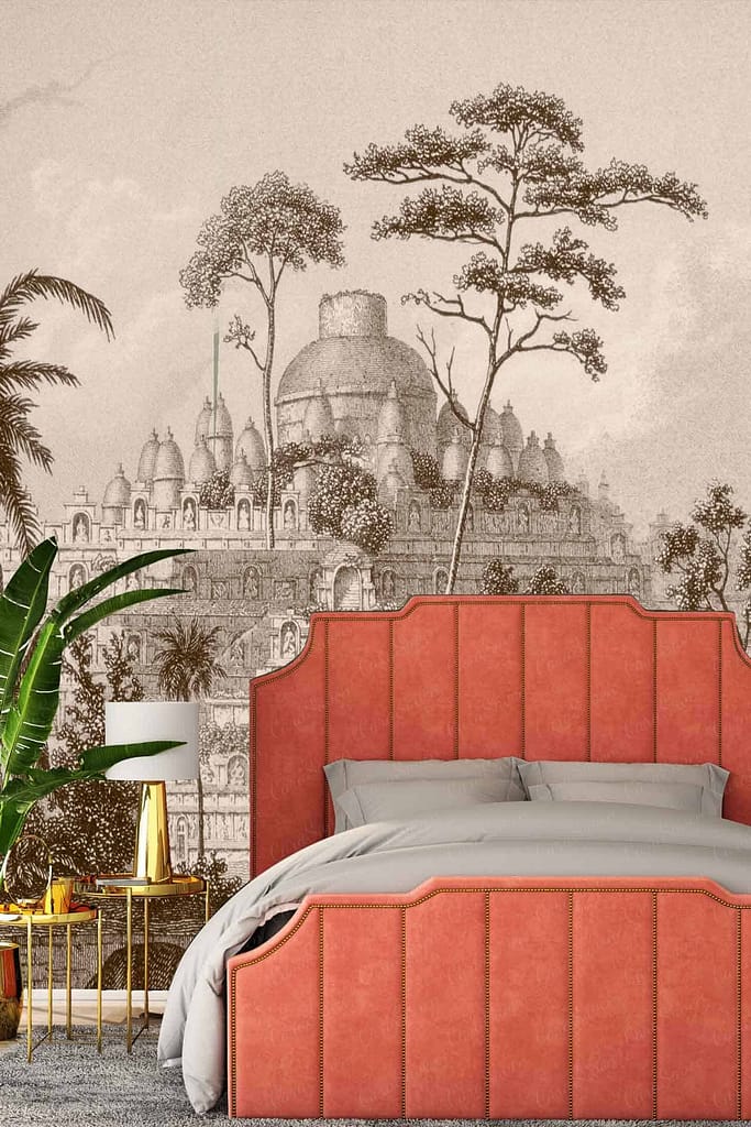 A large, intricate mural showcases an ancient temple surrounded by trees. The mural echoes historical elements and is rich in detailed design. Colors include earthy tones with accents of lush greenery.