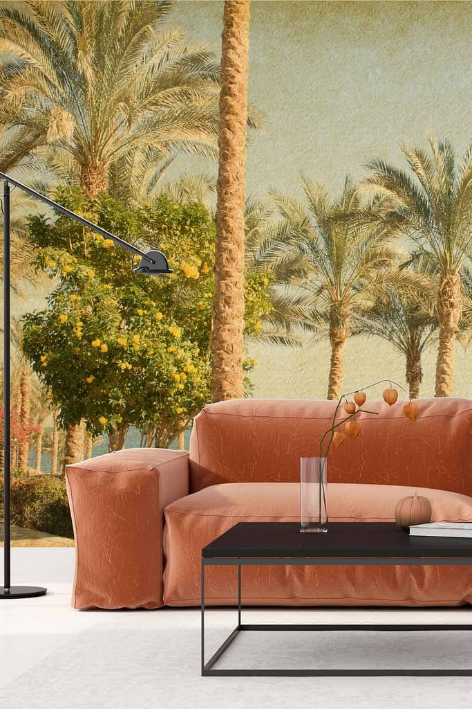 Wallpaper showcasing a serene outdoor scene reminiscent of Juan Les Pins, with palm trees and lush greenery. Featuring vibrant shades of green for the foliage, turquoise for clear skies, hints of yellow sunlight filtering through the branches, and subtle browns for tree trunks.