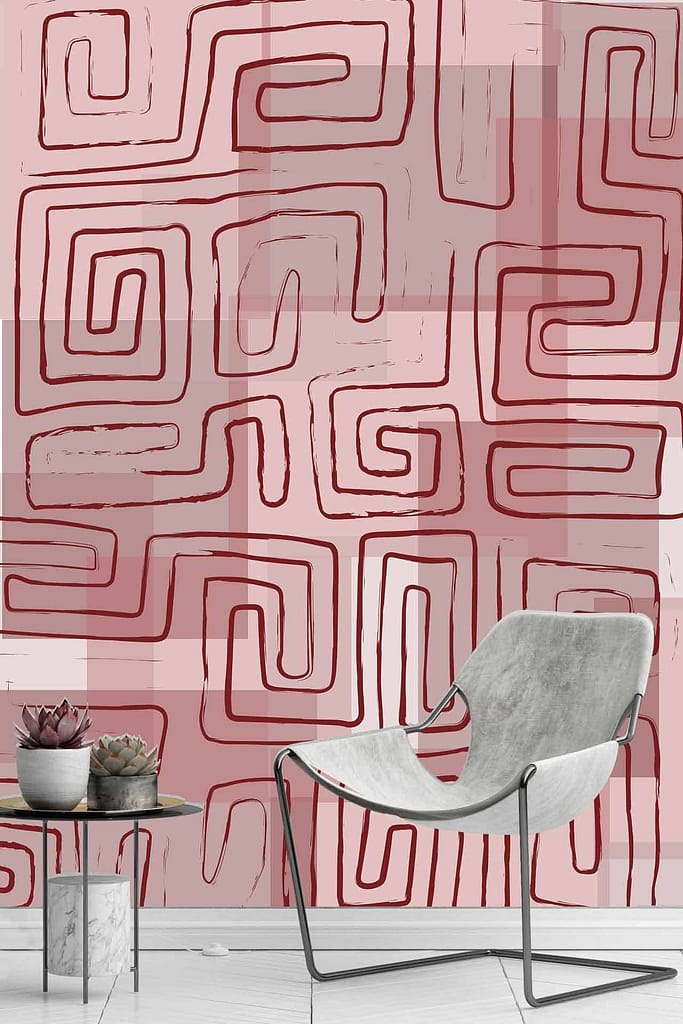 Wallpaper features:
- Bold red geometric labyrinth pattern
- Inspired by Kuba designs
- Light background for striking visual contrast