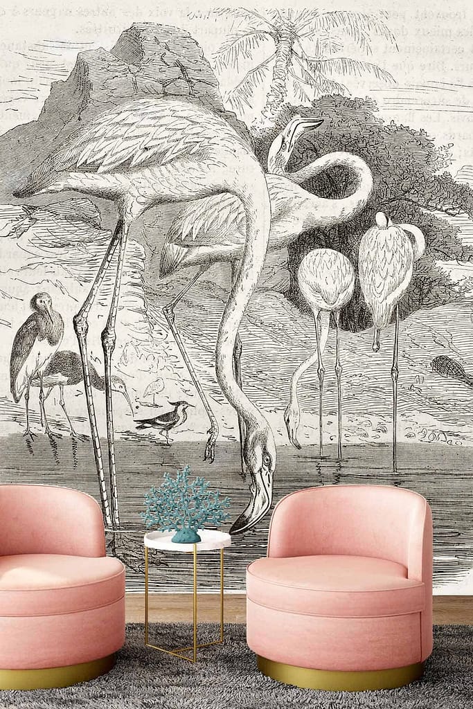 The wall mural displays vintage illustrations of flamingos in a natural setting, featuring detailed trees and serene water elements. The colors include soft pinks from the flamingos, lush greens from the trees, and calm blues for the water.