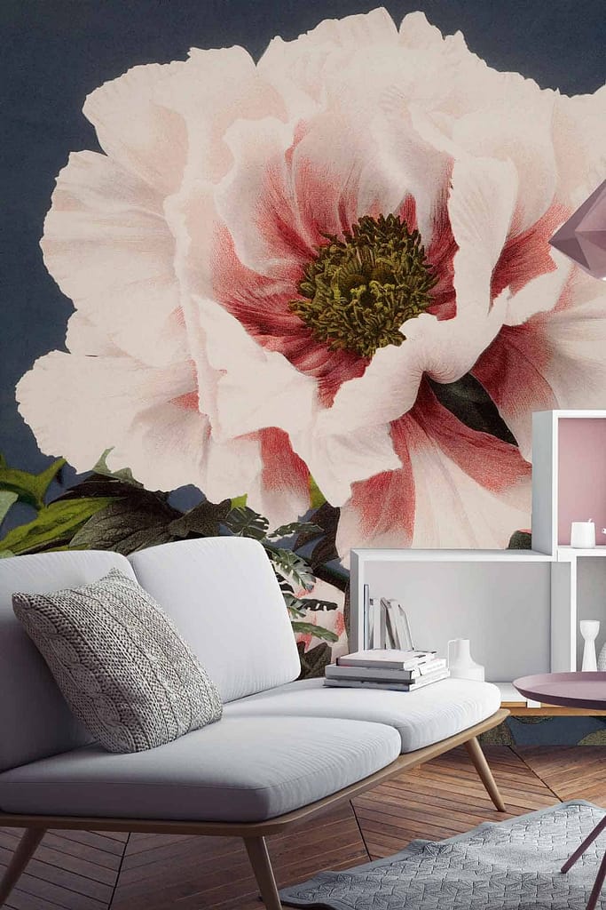 A large, detailed mural featuring a pink and white flower with a vibrant green center adorns the living room wall. The colors in the mural mirror those of "Last Day of Summer," showcasing soft pinks, pure whites, and rich greens. The intricate design captures attention with its natural beauty and delicate hues.