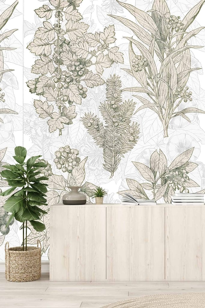 The wallpaper features detailed botanical illustrations of various plants and leaves, emphasizing greens, subtle browns, and earthy tones.