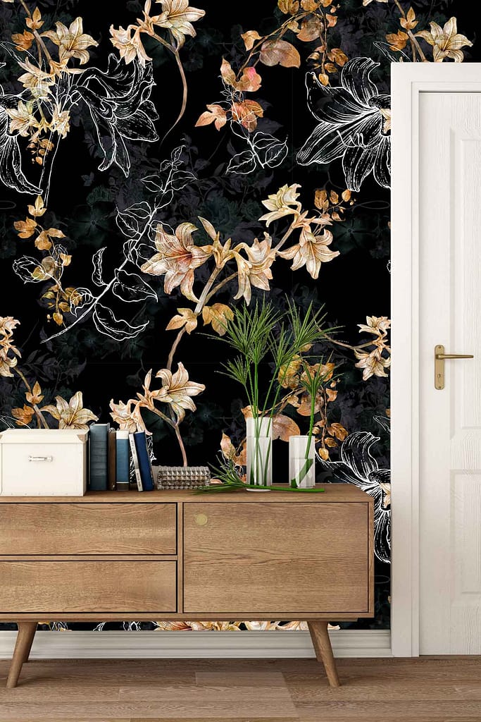 A decorative black wallpaper with floral patterns. Features beige and white flowers.