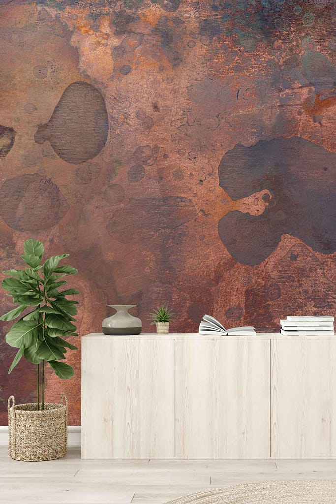 The wallpaper features a rustic, textured, reddish-brown color.