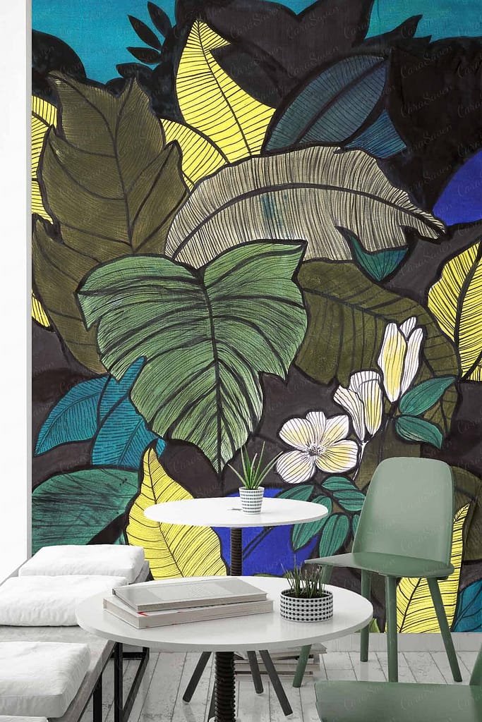 A vibrant mural of large, colorful leaves in greens, yellows, and blues.