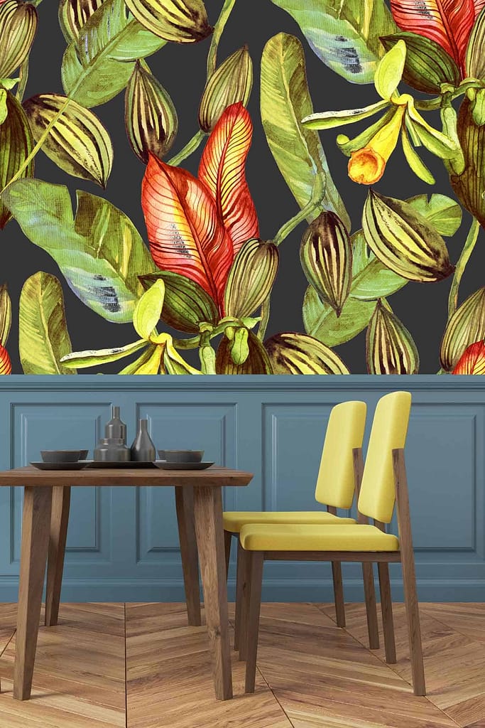 Vibrant botanical wallpaper with large colorful leaves and flowers on a dark background.