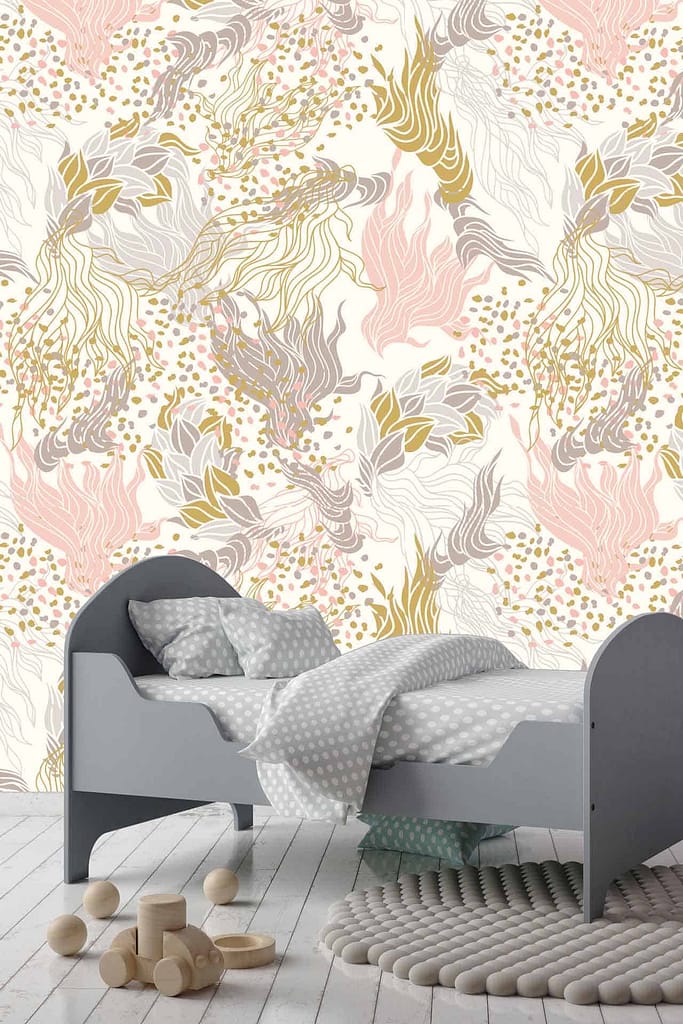 The wallpaper features colorful, abstract floral patterns in pastel shades, with an almost mermaid-like fantasy theme. Elements include whimsical flowers and oceanic motifs in soft hues.