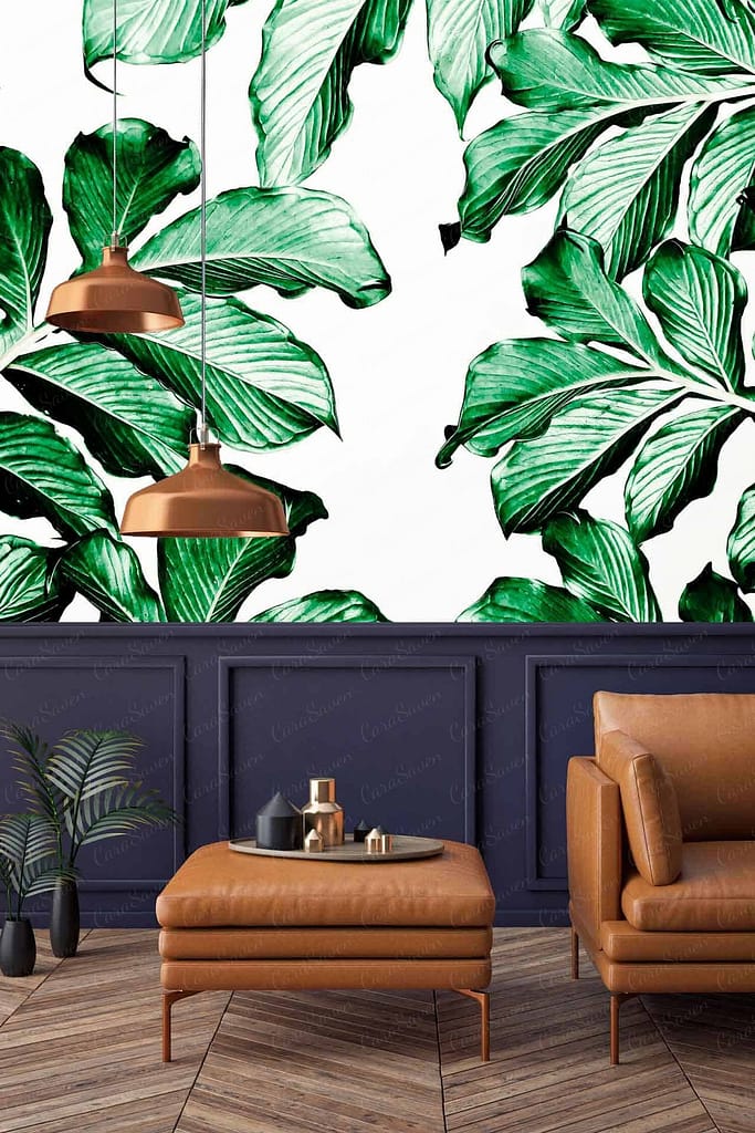 The wallpaper features large green leaves, evoking a lush, natural ambiance. The palette includes various shades of green, from vibrant emerald to deep forest tones. The leafy design has intricate detailing that adds depth and texture. This botanical theme underscores the room's connection to Mother Nature.