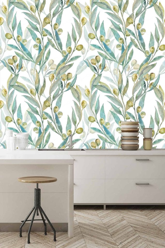 Green leafy and olive branch patterned wallpaper; murmuring touch of nature; elements: leaves, olive branches; colors: green, light green.