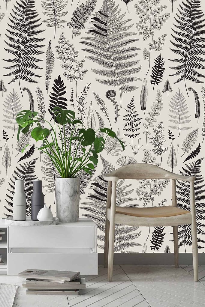 The wallpaper in the modern living room and cozy study features nature-inspired monochrome botanical designs, showcasing various fern and leaf patterns. It highlights detailed foliage elements in shades of black, white, and gray.