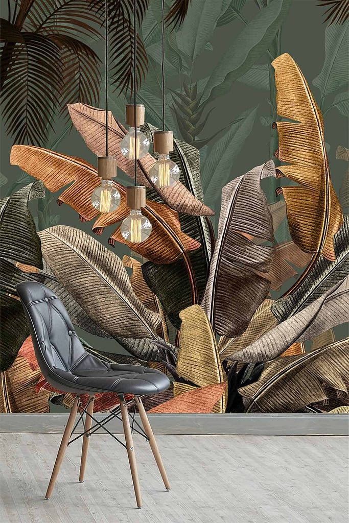 Neverland-inspired tropical-themed wallpaper, large multicolored palm leaves, earthy tones