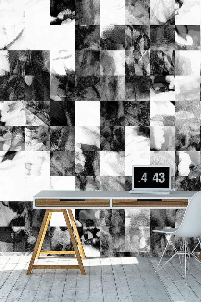 Monochrome, abstract pixelated wall art; grayscale tones; varied pixel sizes creating a modern, artistic effect.