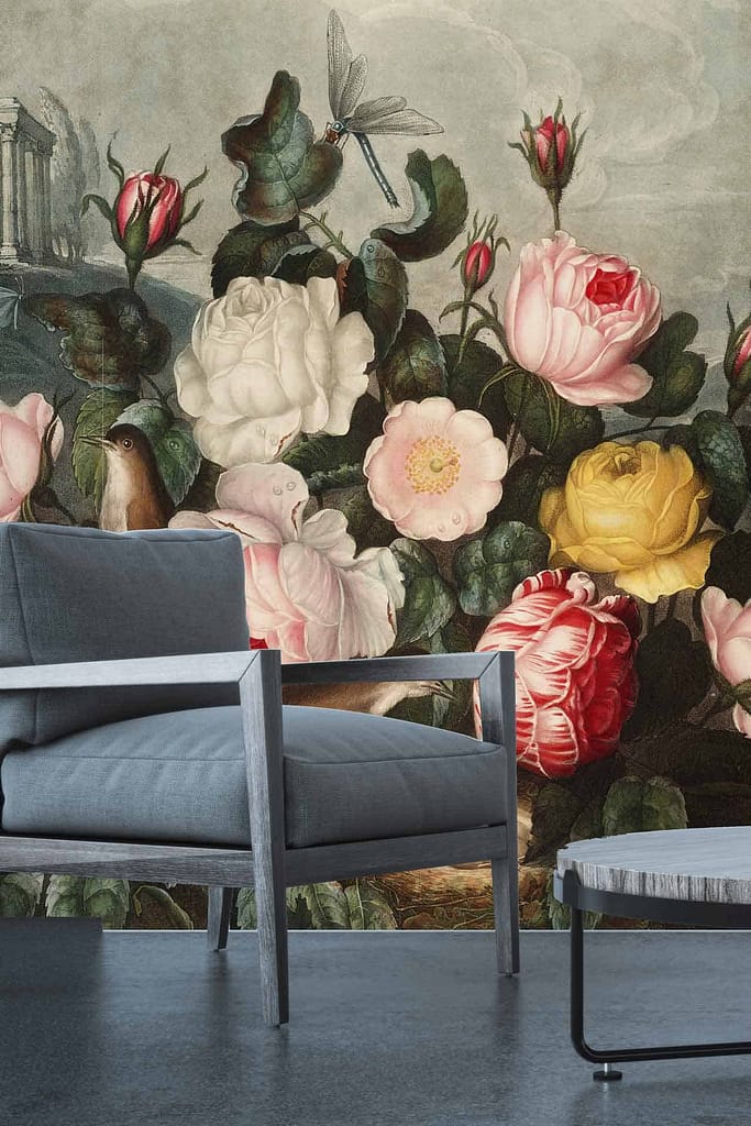 Vibrant mural with lush, detailed garden scene; blooming roses in pink, white, yellow; green leaves; bird and dragonfly.