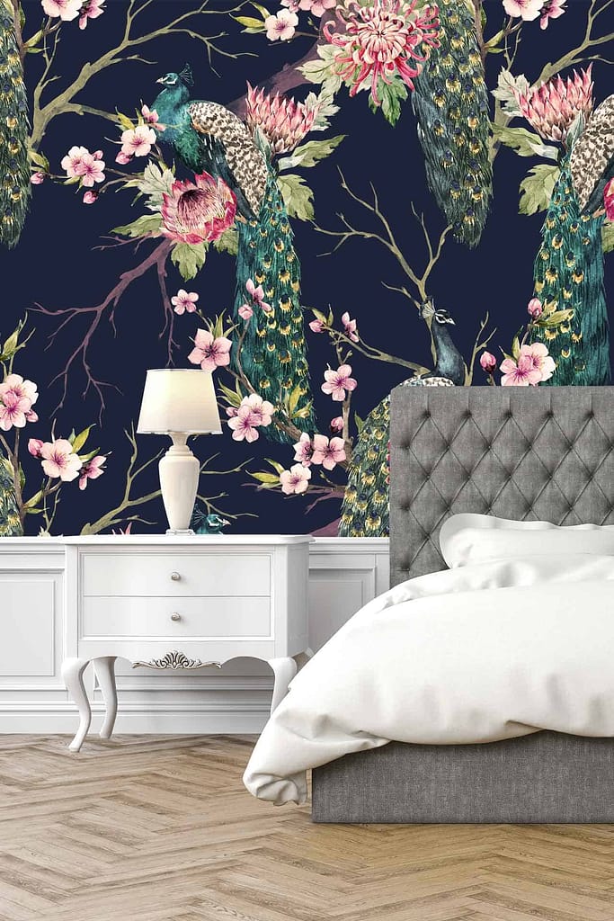 Patterned wallpaper featuring colorful peacocks and pink proteas on a dark background.
