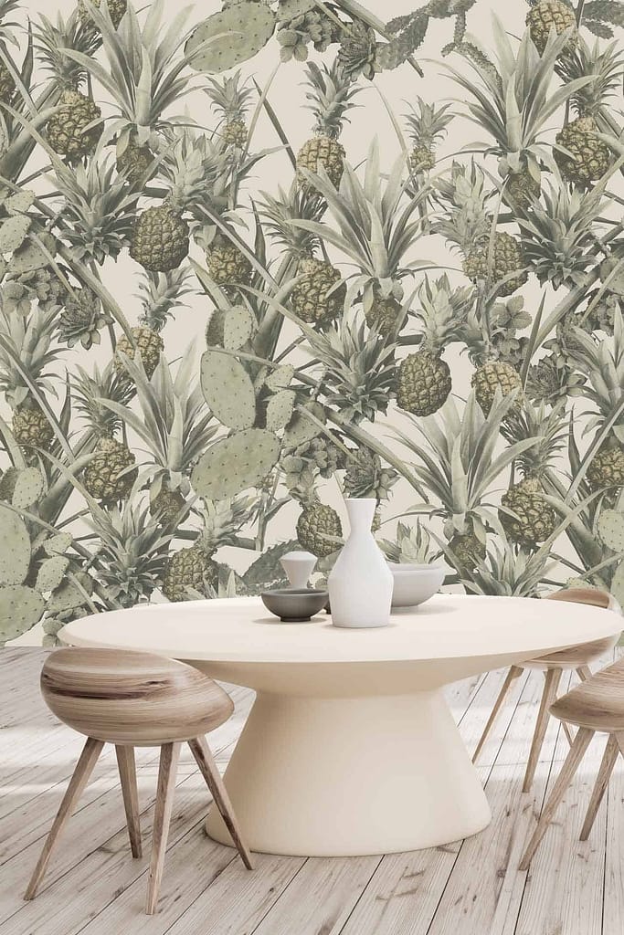 Wallpaper features a tropical theme with intricately designed pineapple cacti in green and beige hues.
