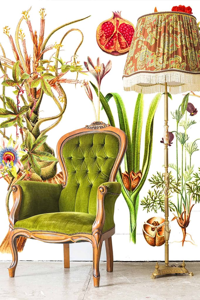 The wallpaper features illustrations of various plants and flowers, including pomegranates, in bright and vivid colors. Multiple leaf patterns are seen throughout the design, adding to its botanical theme.