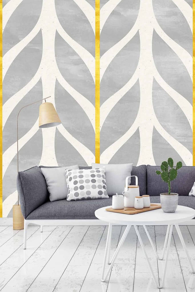 The wallpaper features a gray and yellow patterned design with geometric shapes and abstract floral elements. The colors are primarily muted gray tones interspersed with vibrant yellow accents.