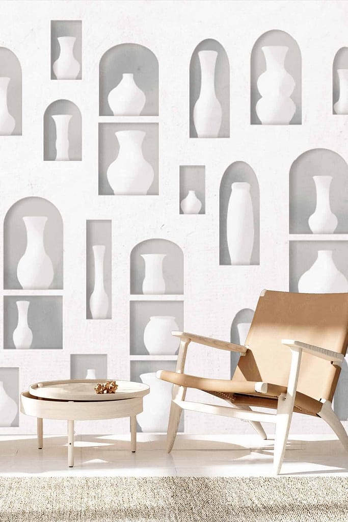 The wallpaper features a subtle off-white color with a faint geometric pattern, adding a touch of texture to the minimalist space.